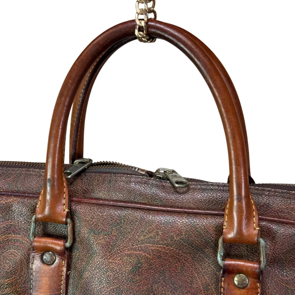 Etro Milano Vintage Paisley Coated Canvas Leather Briefcase Made‎ in Italy Brown